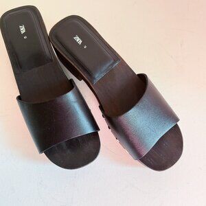 Zara Black Leather Classic Simple Wood Sole Clog 41